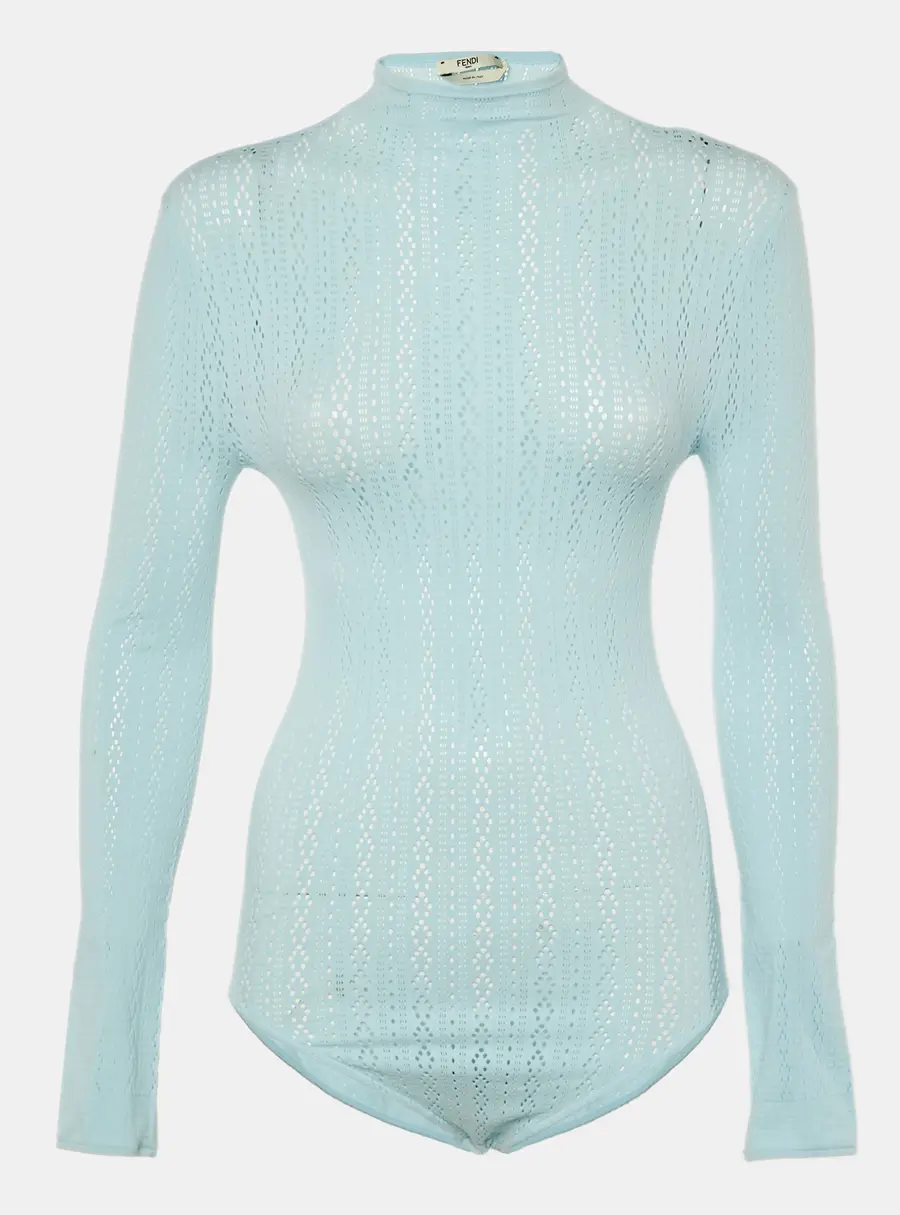 Fendi Blue Jersey Mesh Long-Sleeve Bodysuit M