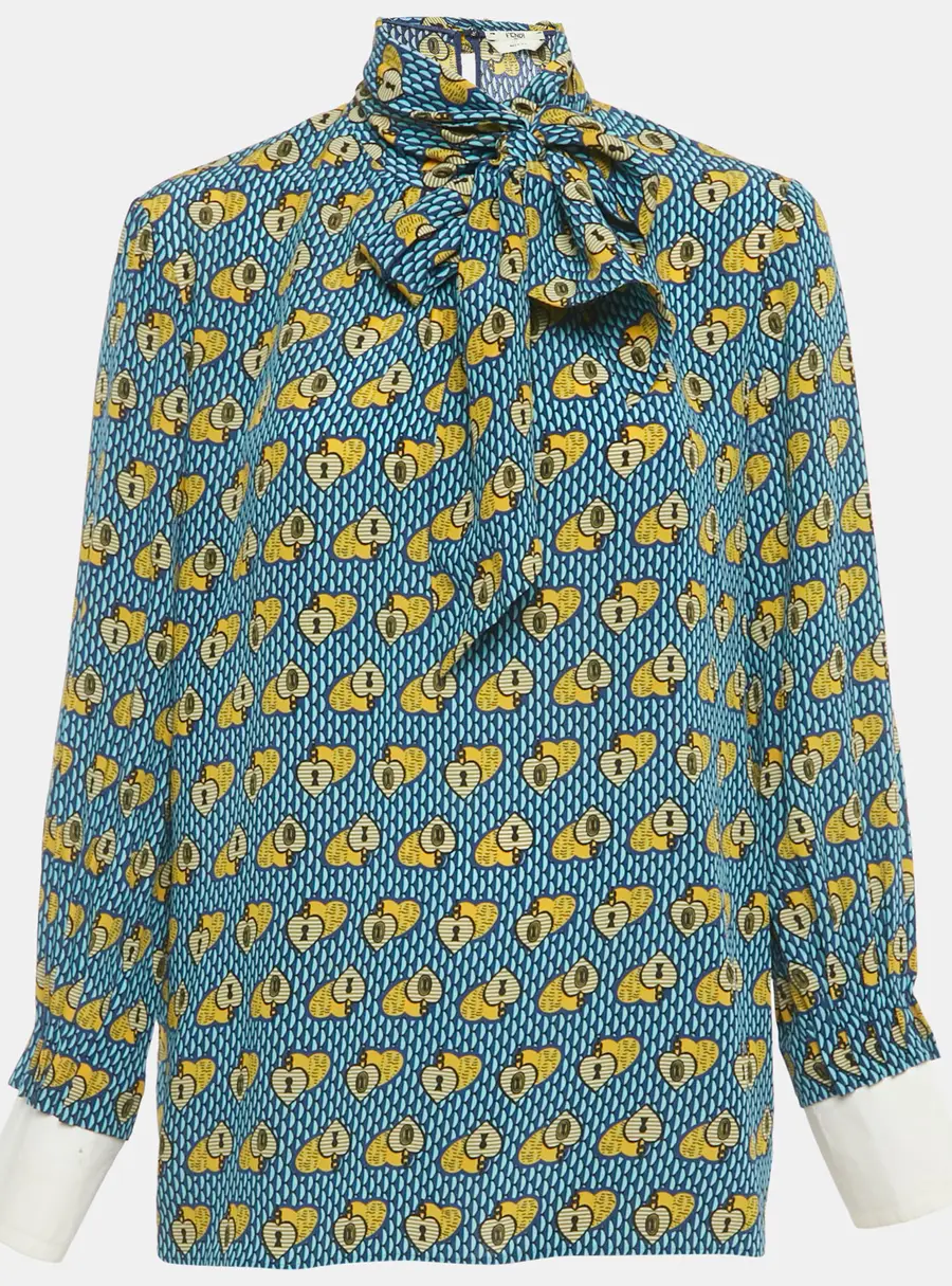Fendi Blue heart Lock Printed Silk Neck Tie Detail Top M