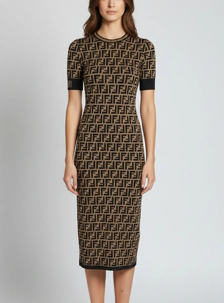 Fendi Brown/Black Zucca Monogram Intarsia Knit Midi Dress S