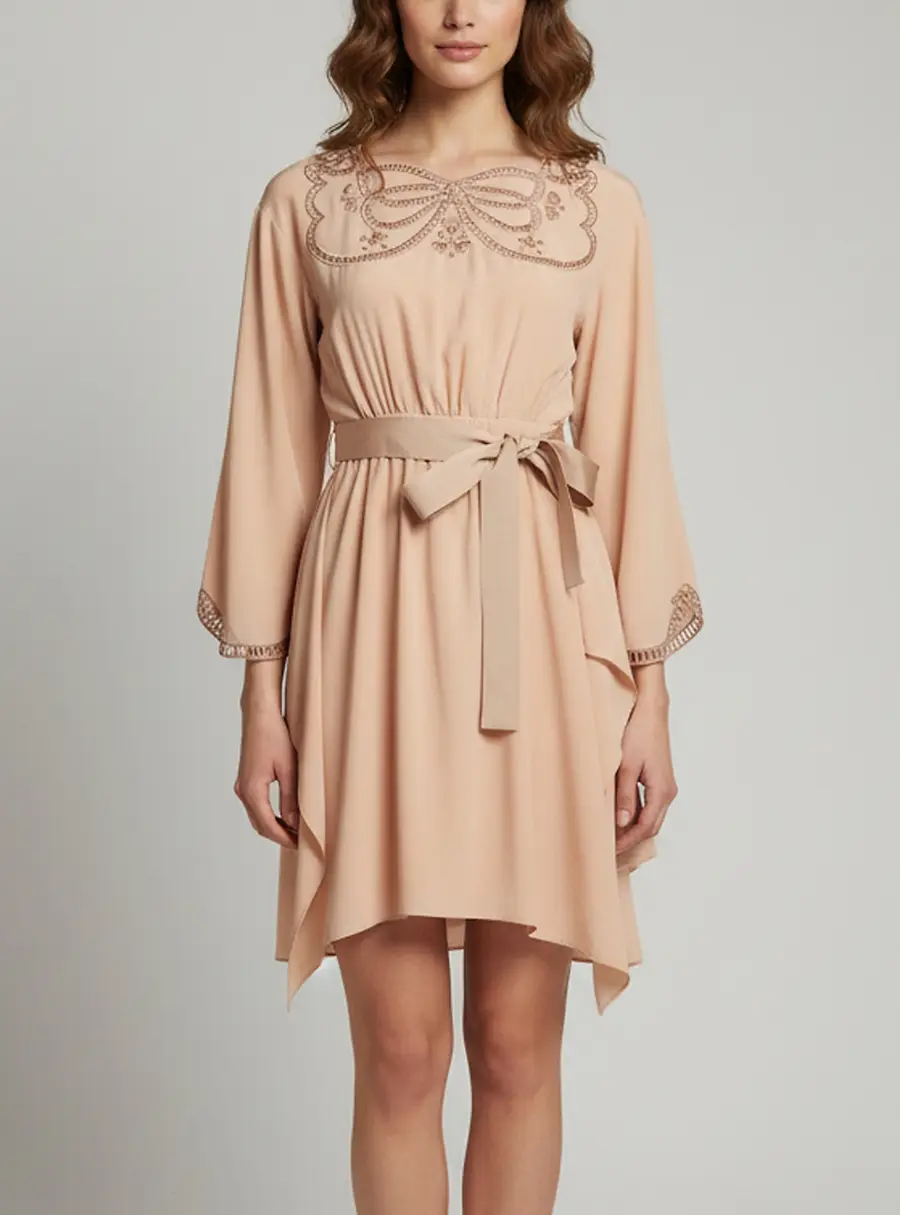 Fendi Beige Butterfly Embroidered Cut Out Long Sleeve Mini Dress S