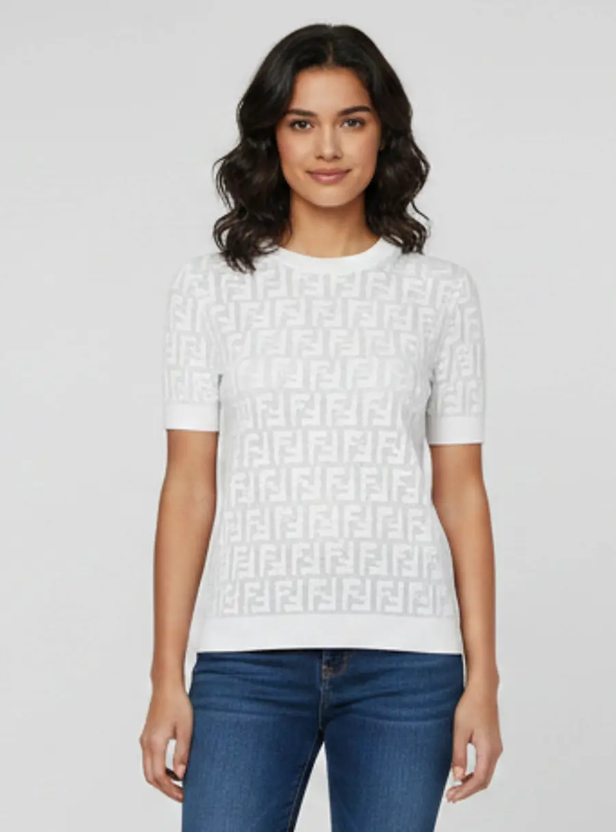 Fendi White Zucca Pattern Knit Crew Neck Half Sleeve Top S