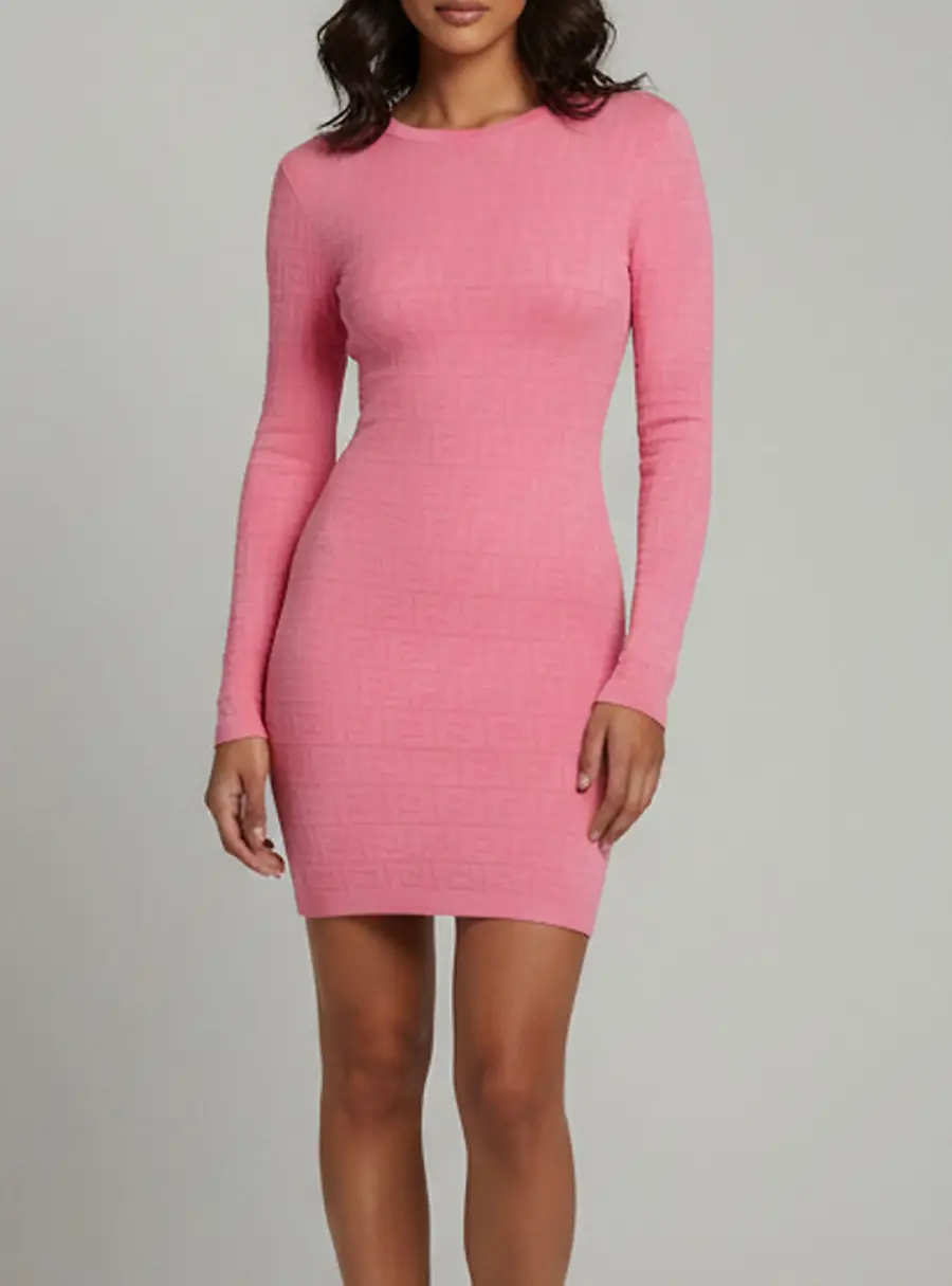 Fendi Pink Zucca Pattern Knit Crewneck Mini Dress XS