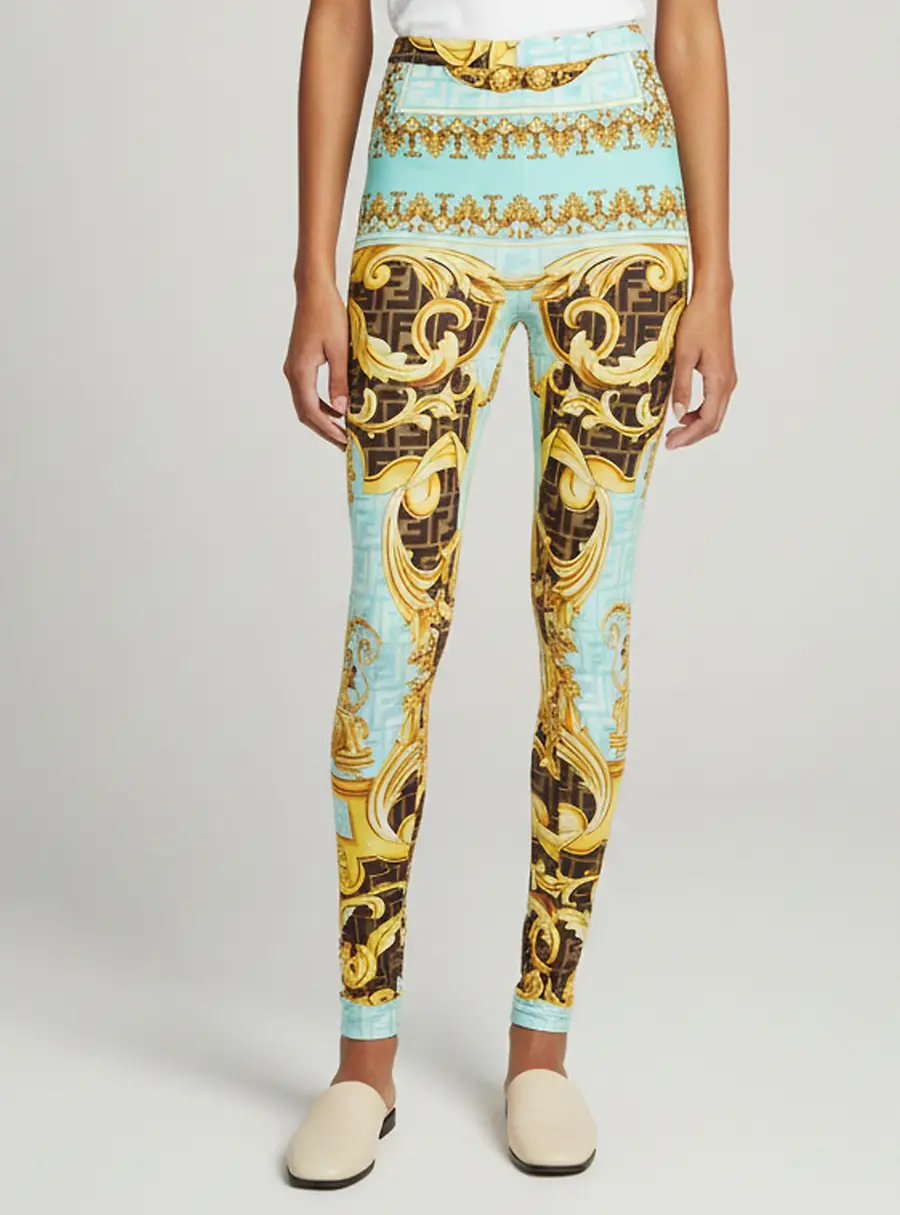 Fendace Cyan Blue Monogram Baroque Print Jersey Leggings S