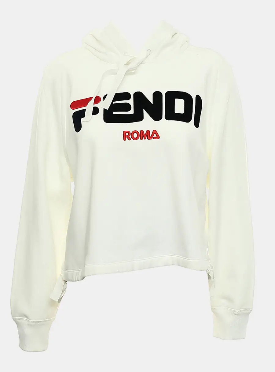 Fendi White Cotton  x Fila 2018 Cropped Logo Hoodie