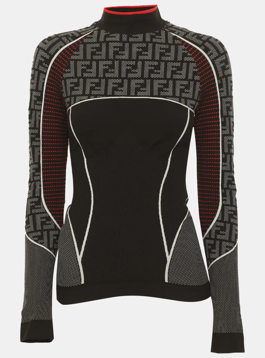 Fendi Black FF Zucca Pattern Jersey High Neck Top S/M