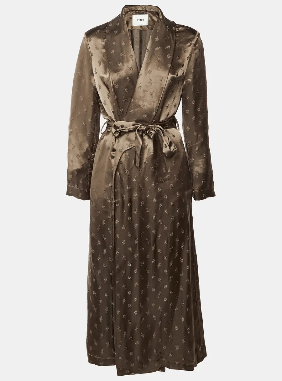 Fendi Brown Satin Floral Jacquard Belted Overcoat S