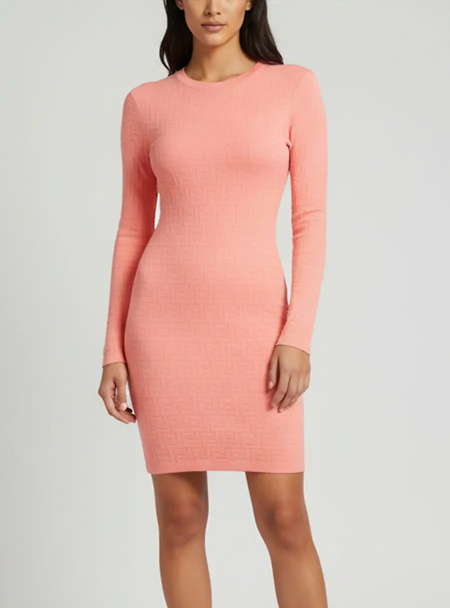 Fendi Pink Zucca Jacquard Knit Long Sleeve Mini Dress S