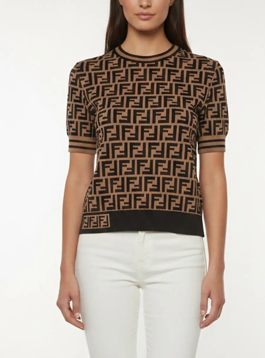 Fendi Brown/Black Zucca Jacquard Knit Short Sleeve Jumper S