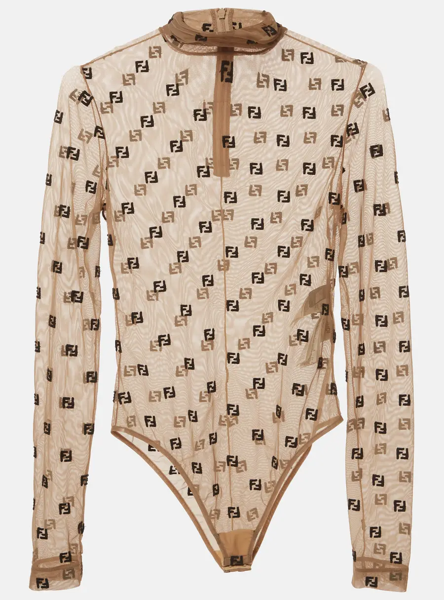 Fendi Beige FF Embroidered Stretch Tulle Turtle Neck Bodysuit XS