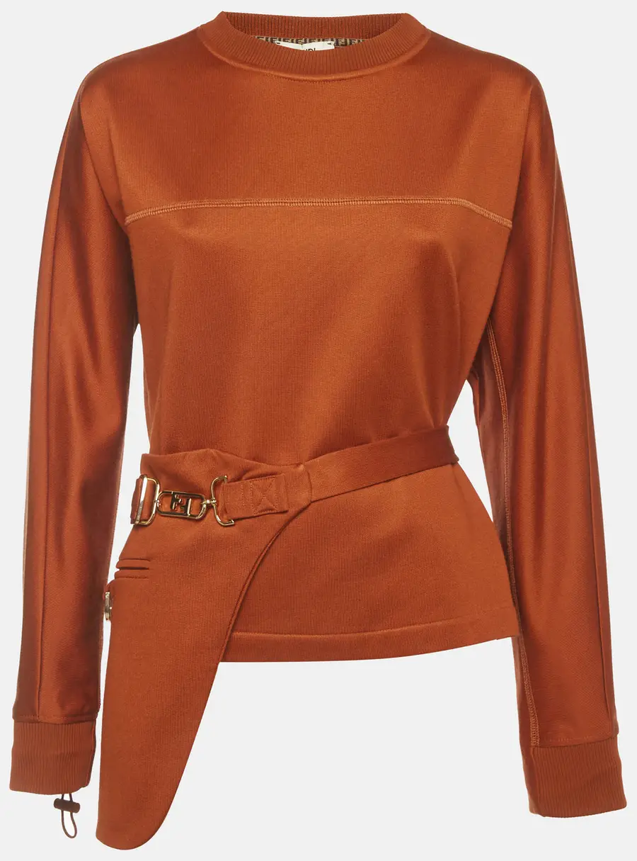 Fendi Orange Knit Waist Detail Crewneck Sweatshirt S