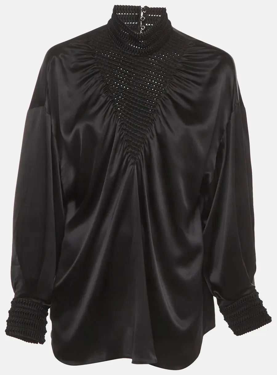 Fendi Black Satin Smocked Neck Detail Long Sleeve Blouse M