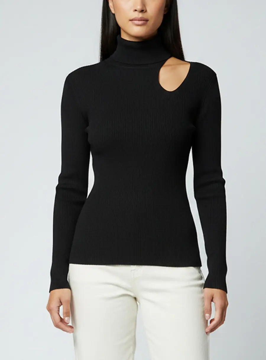 Fendi Black Rib Knit Cut-Out Mock Neck Top S