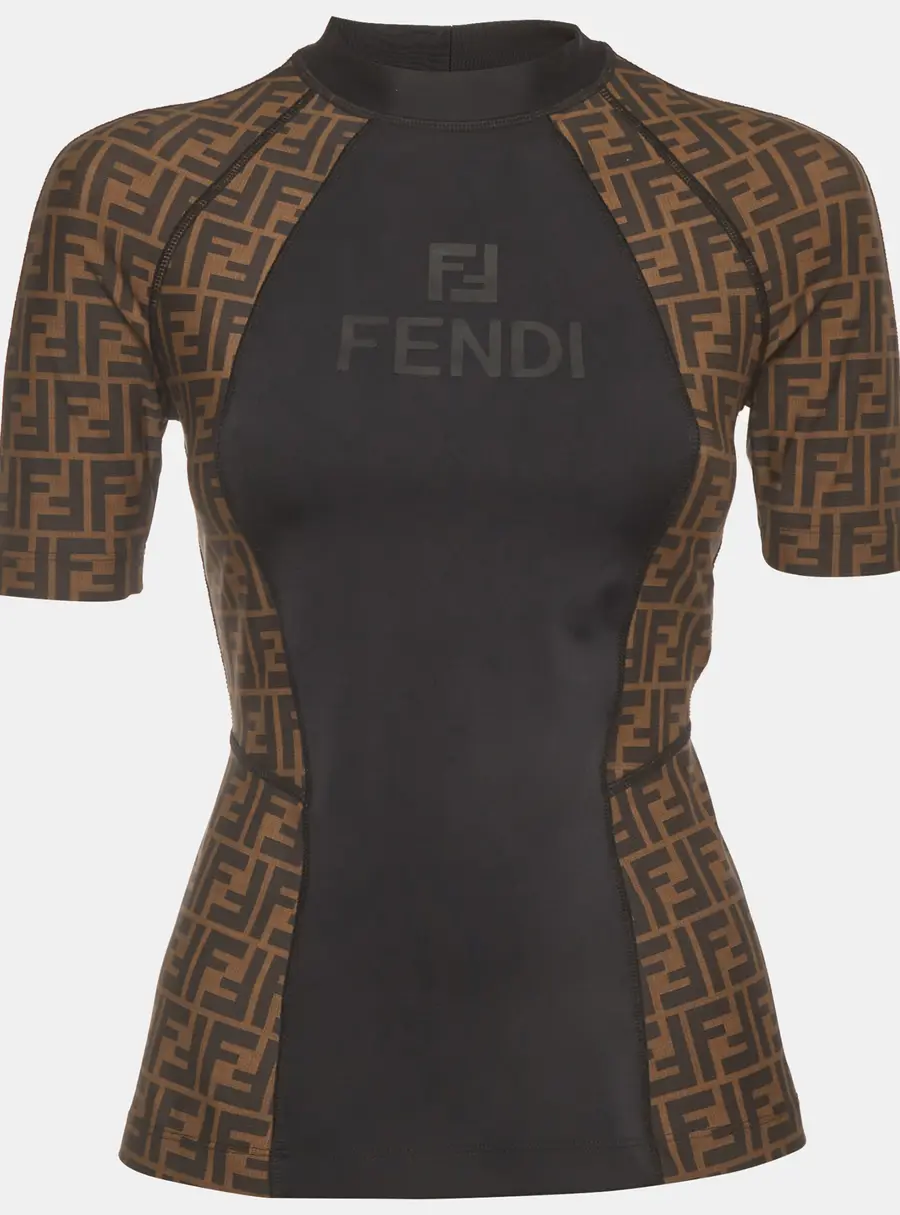 Fendi Black FF Motif Paneled Jersey Mock Neck Performance T-Shirt S