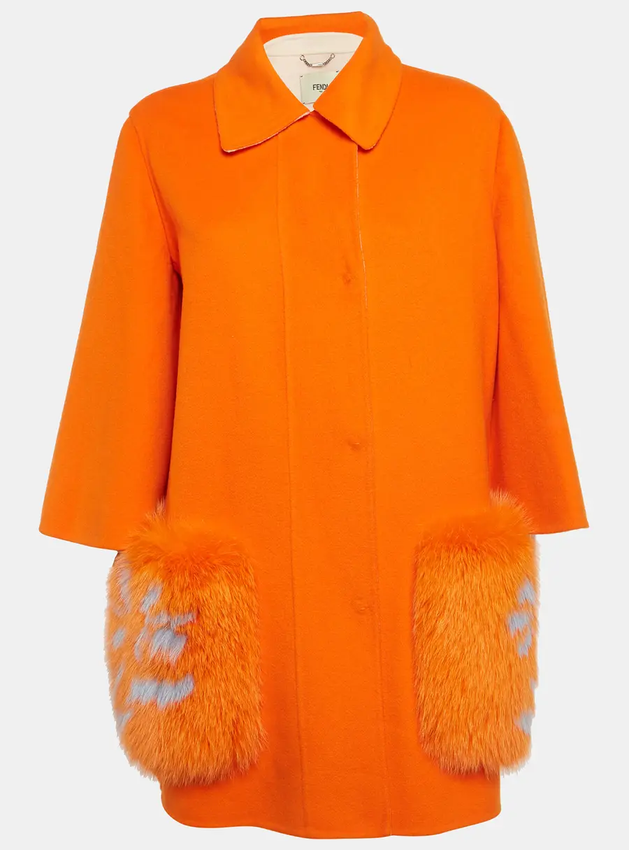 Fendi Orange Felt Fox Fur Detail Mid-Length Coat M