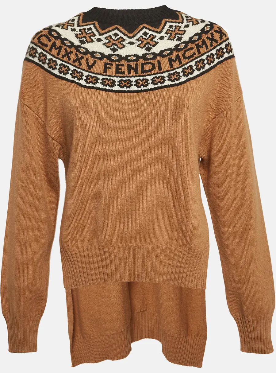 Fendi Brown Intarsia Wool Intarsia Rib Knit High-Low Sweater M