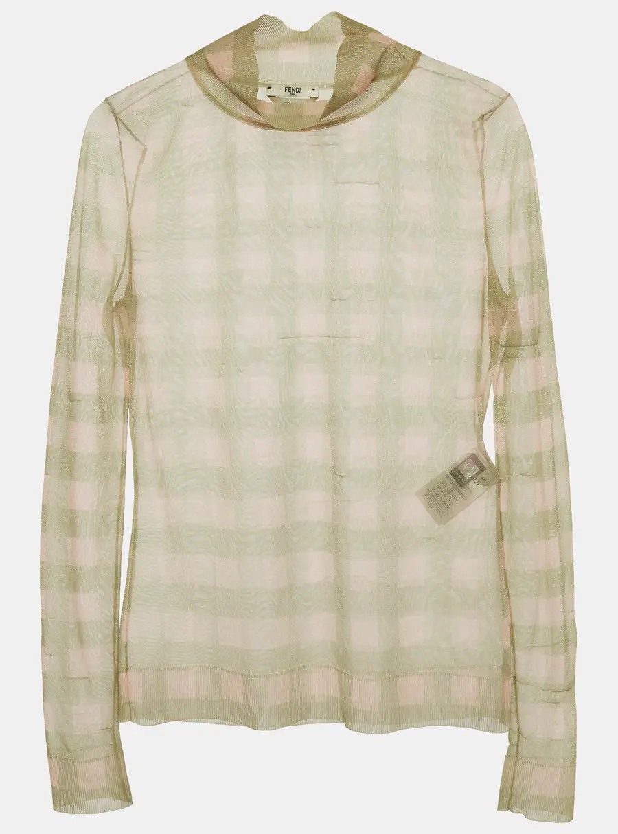 Fendi Pink/Green Check Lurex Knit Sheer Turtleneck Top S