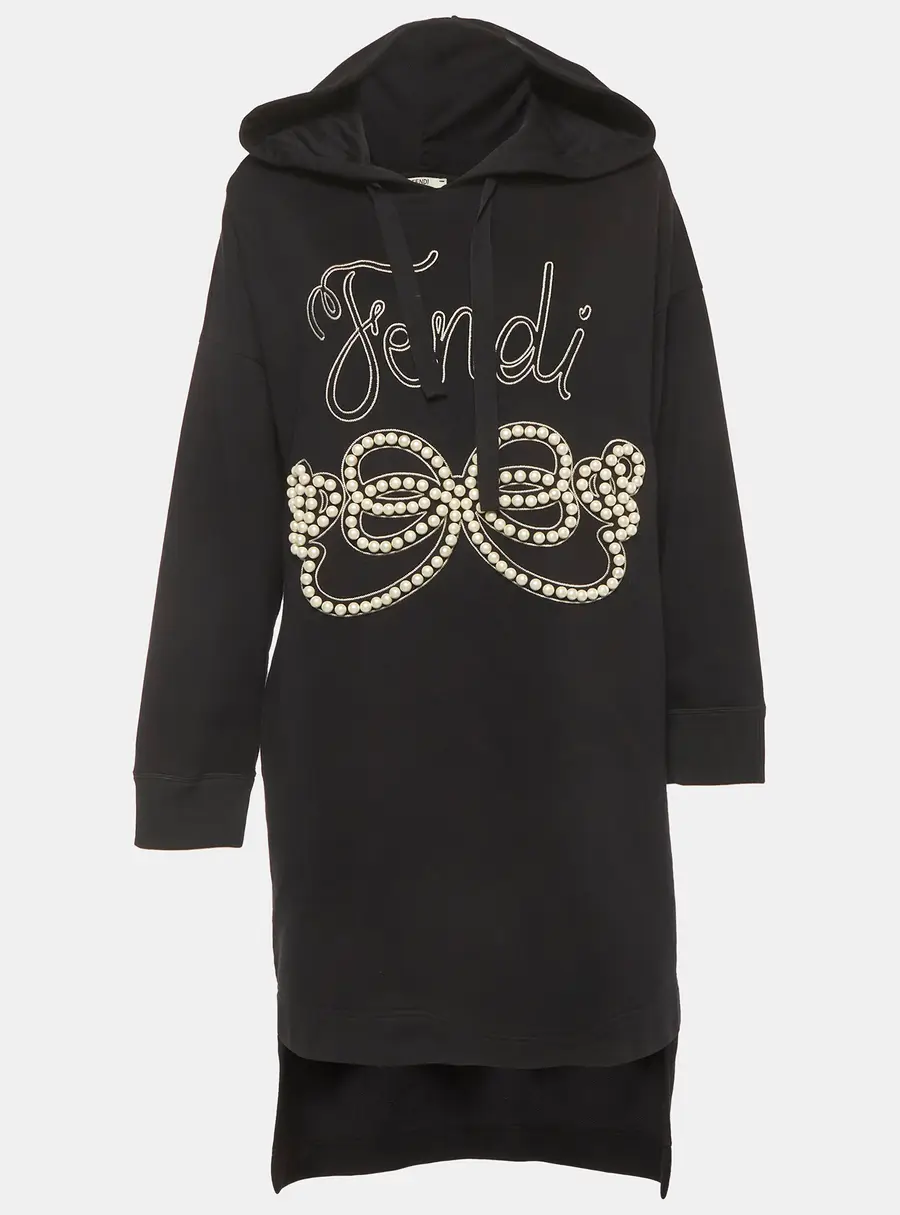 Fendi Black Pearl Embroidered Cotton Hooded Dress M