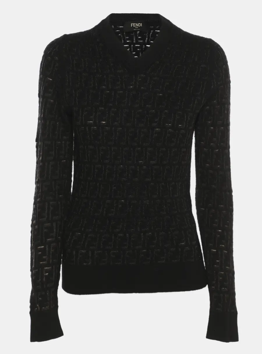 Fendi Black FF Wool Blend V Neck Sweater XL