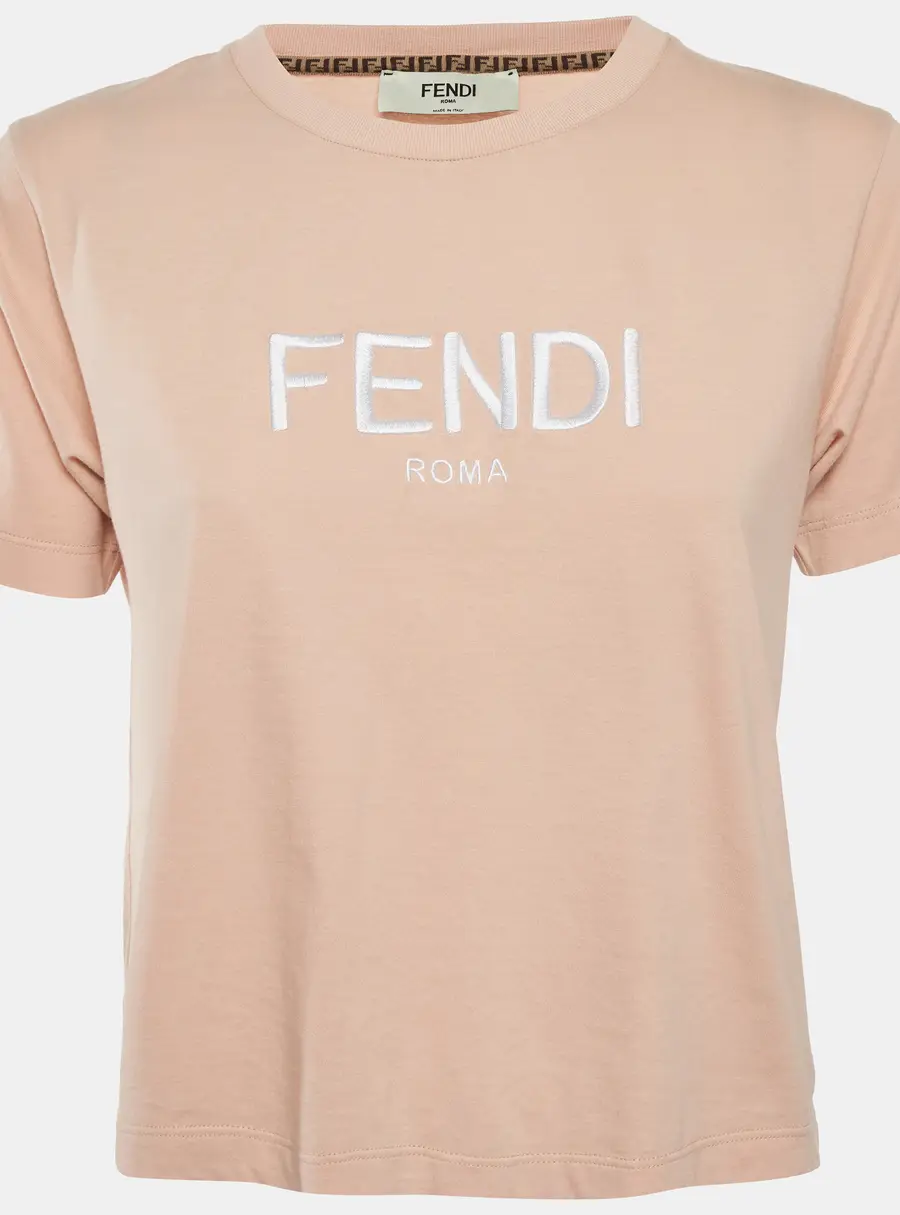 Fendi Pink Logo Embroidered Jersey Crop T-Shirt M