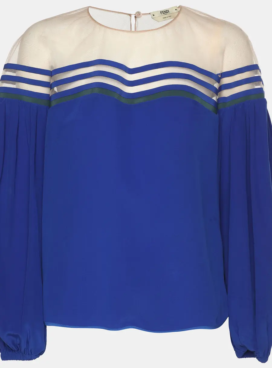 Fendi Blue Silk Tulle Illusion Long Sleeve Blouse S