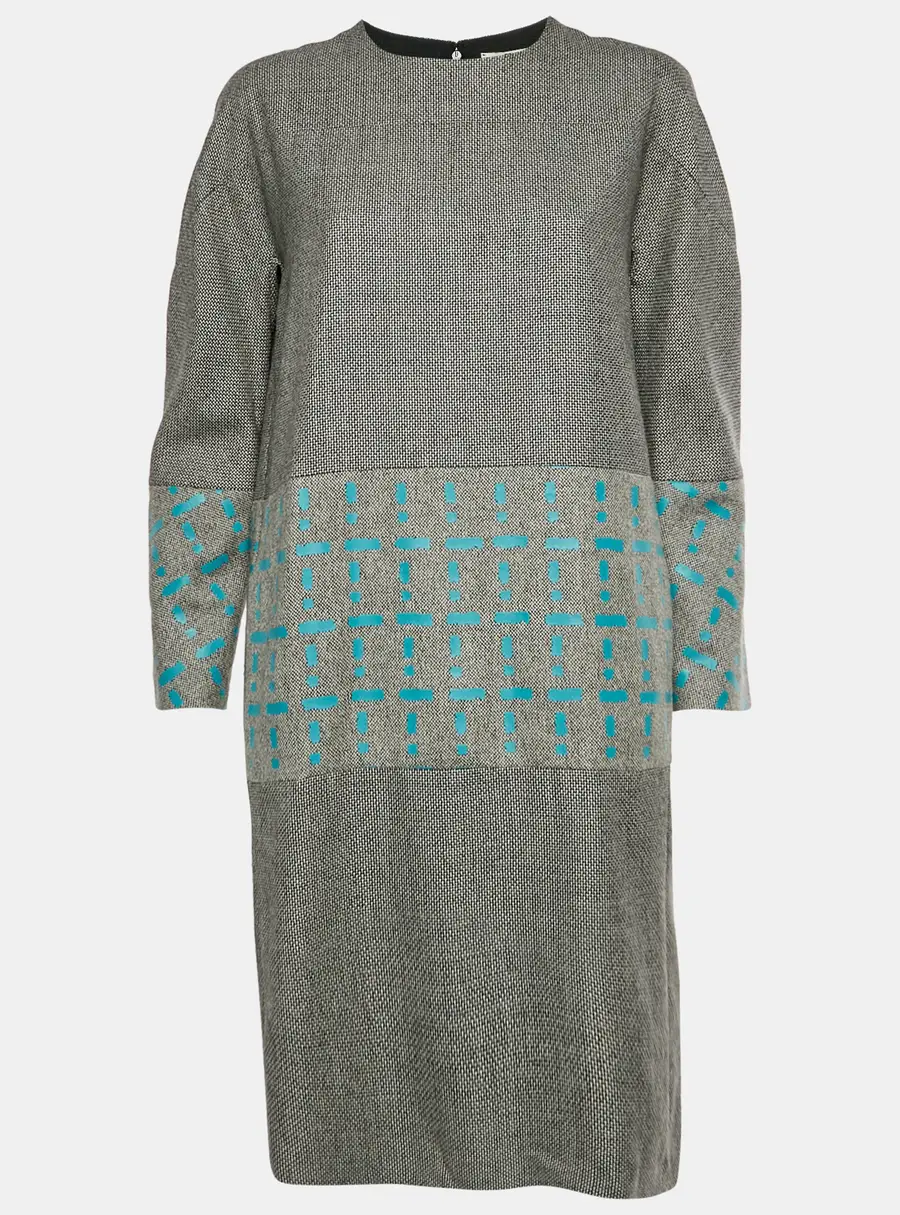 Fendi Grey Abstract Print Wool Jacquard Long Sleeve Shift Dress M