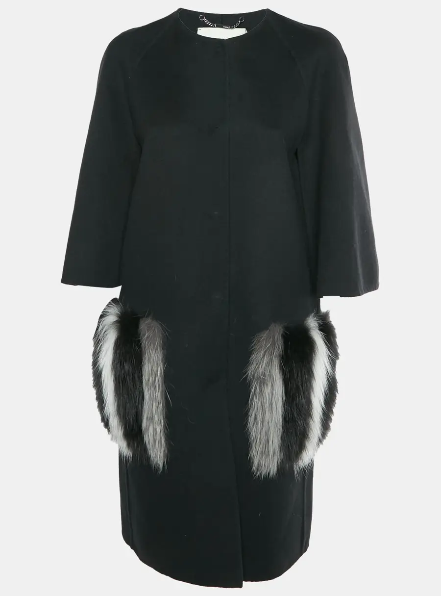 Fendi Black Wool Fox Fur Trim Cape Sleeve Single Breasted Coat M