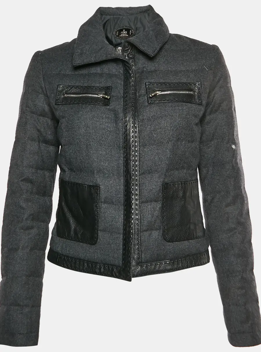 Fendi Grey Wool Blend and Leather Trim Quilted Down Jacket S