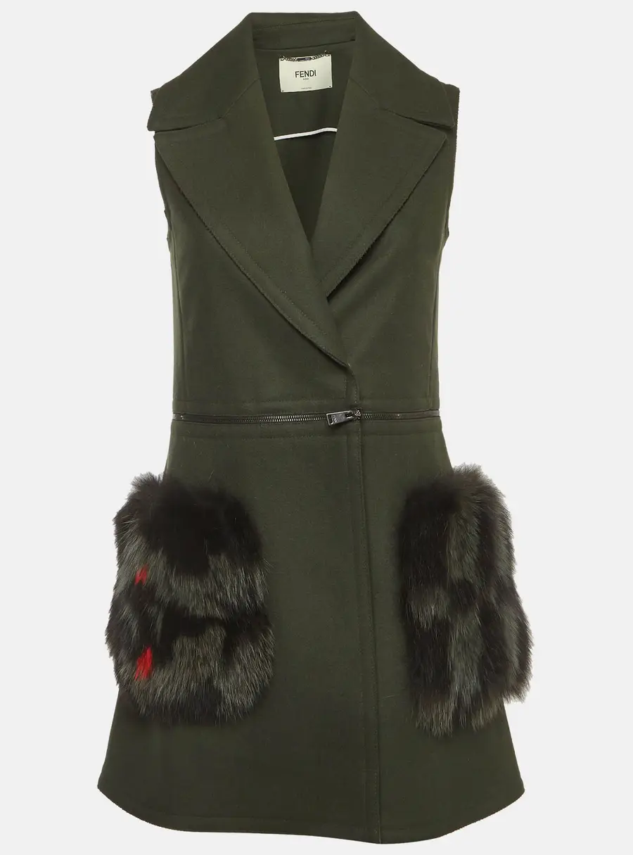 Fendi Green Wool Blend Fox Fur Trim Detachable Vest Coat S
