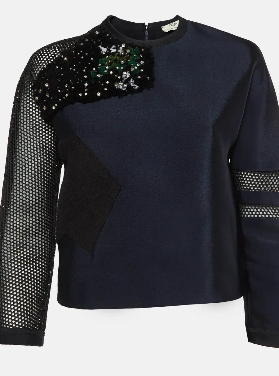 Fendi Navy Blue Gabardine N Mesh Patchwork Top S