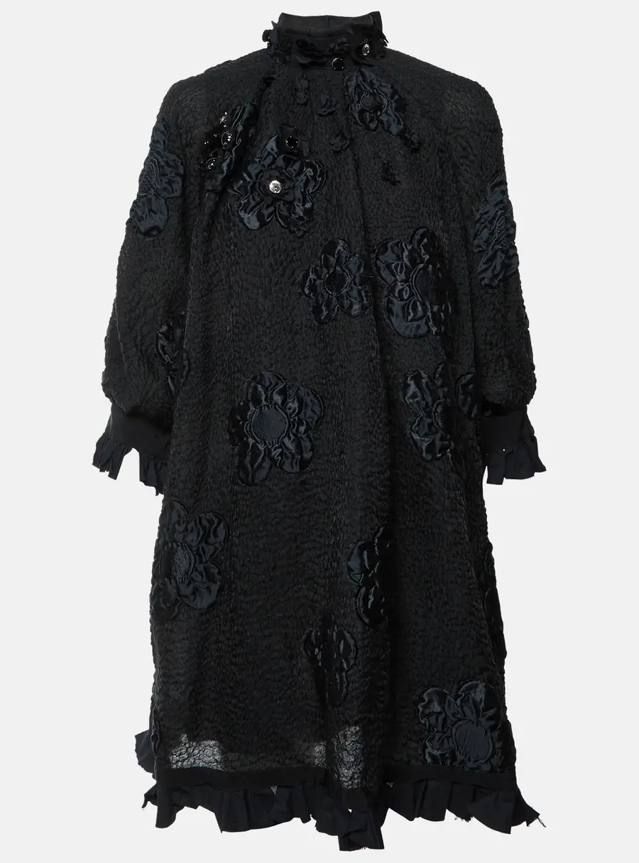 Fendi Black Floral Appliqu&eacute; Textured Wool Blend Mini Dress S