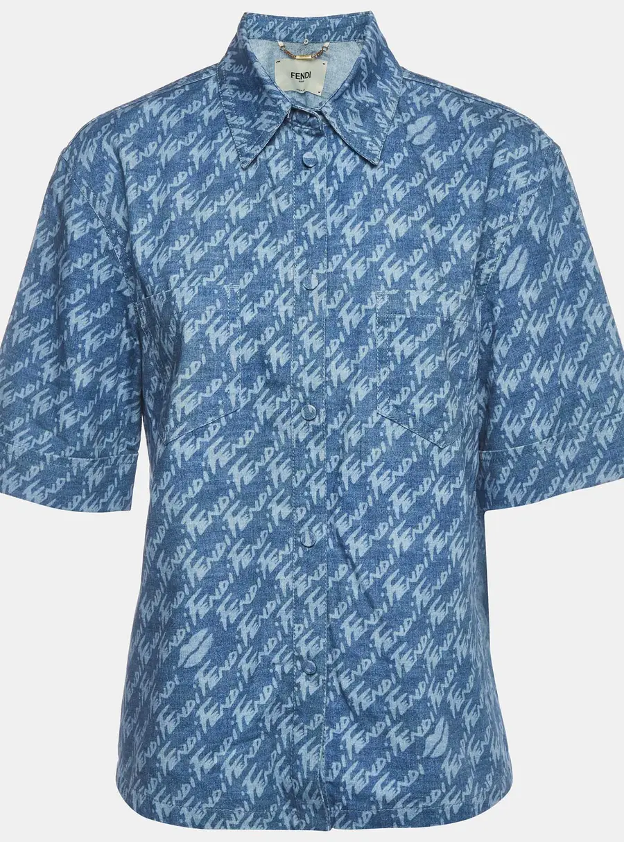 Fendi Blue Logo Print Chambray Short Sleeved Shirt M