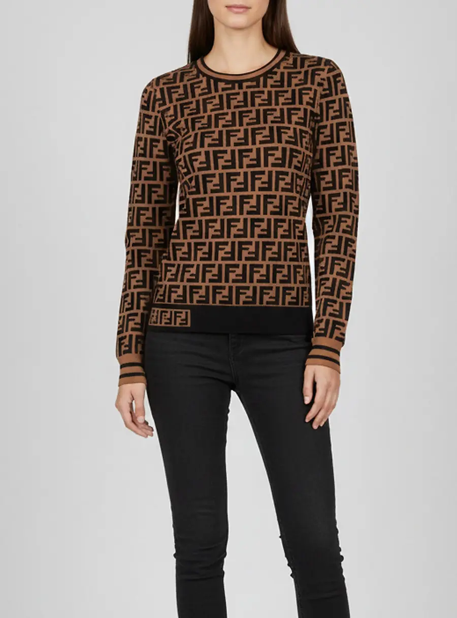 Fendi Brown Zucca Pattern Knit Crew Neck Jumper S