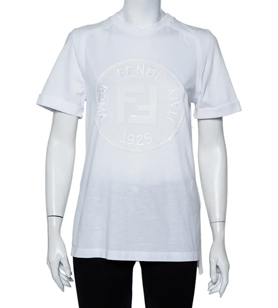 Fendi White Sequin Embellished Logo Embroidered Cotton Fringed Detail T shirt XXS