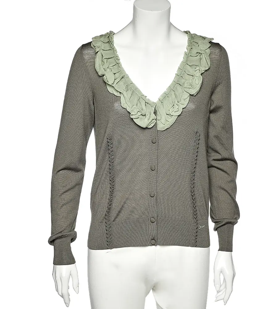 Fendi Green Wool & Silk Ruffle Neck Cardigan L