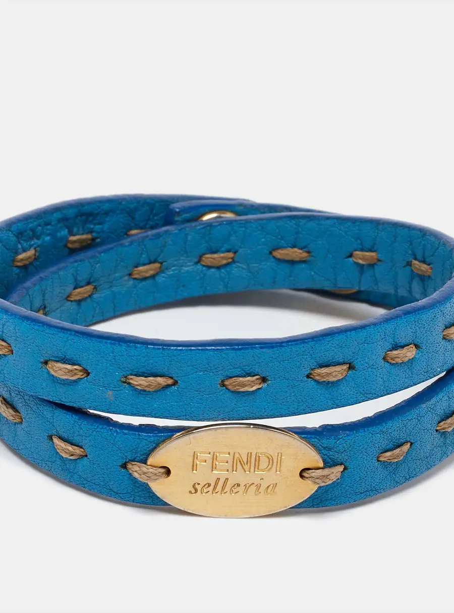 Fendi Selleria Blue Leather Double Wrap Bracelet