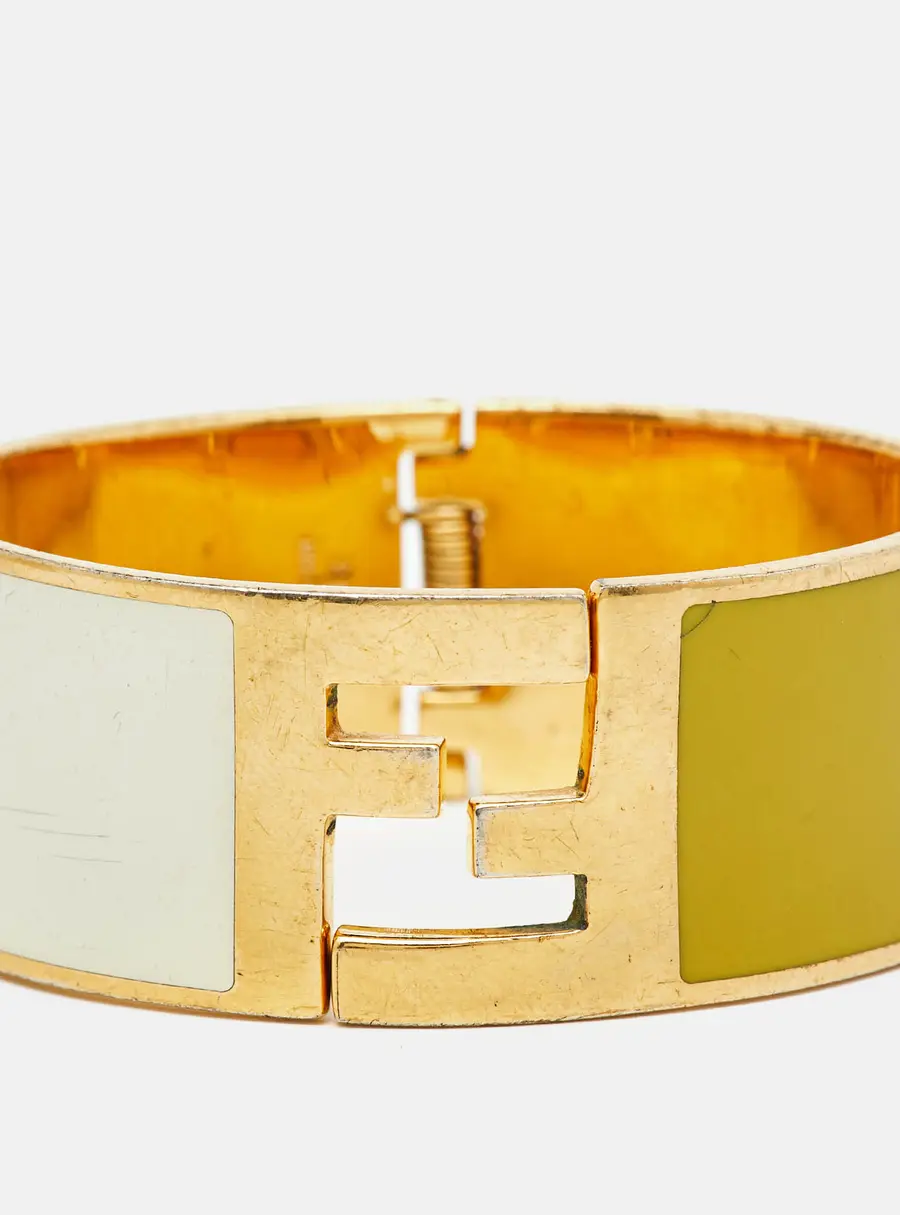 Fendi Fendista Bi-color Yellow/White Enamel Gold Tone Wide Bracelet M