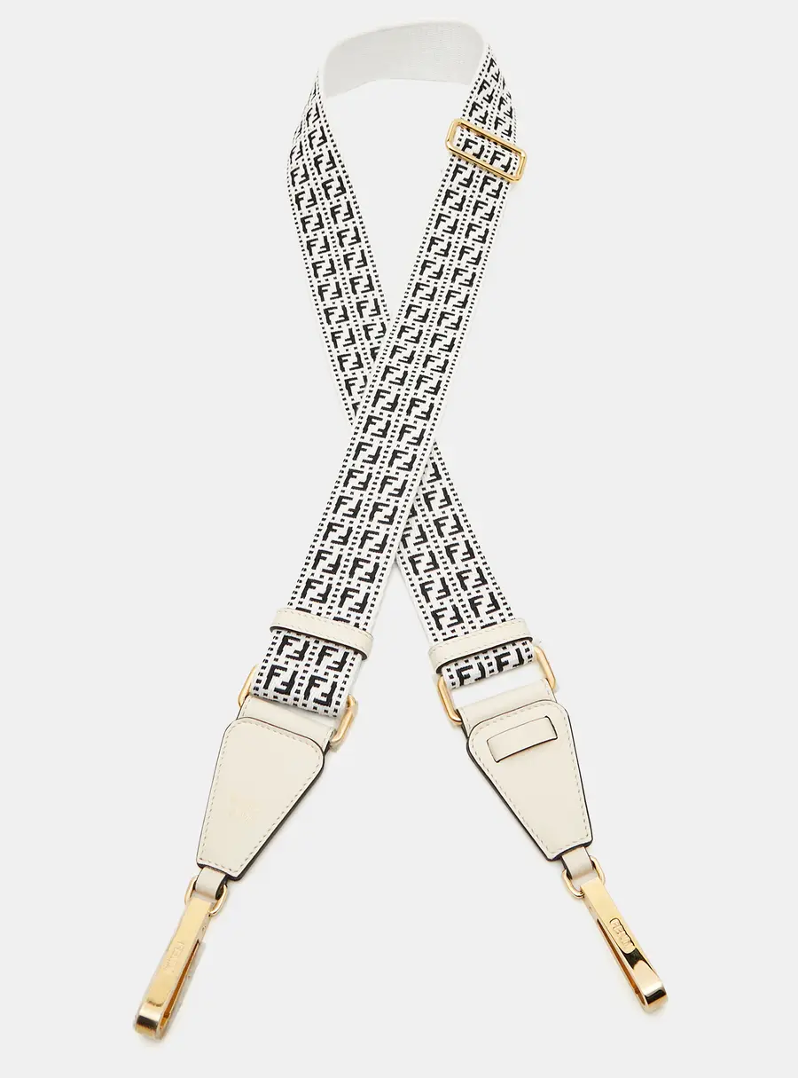 Fendi White/Black Zucchino Fabric and Leather Bag Shoulder Strap