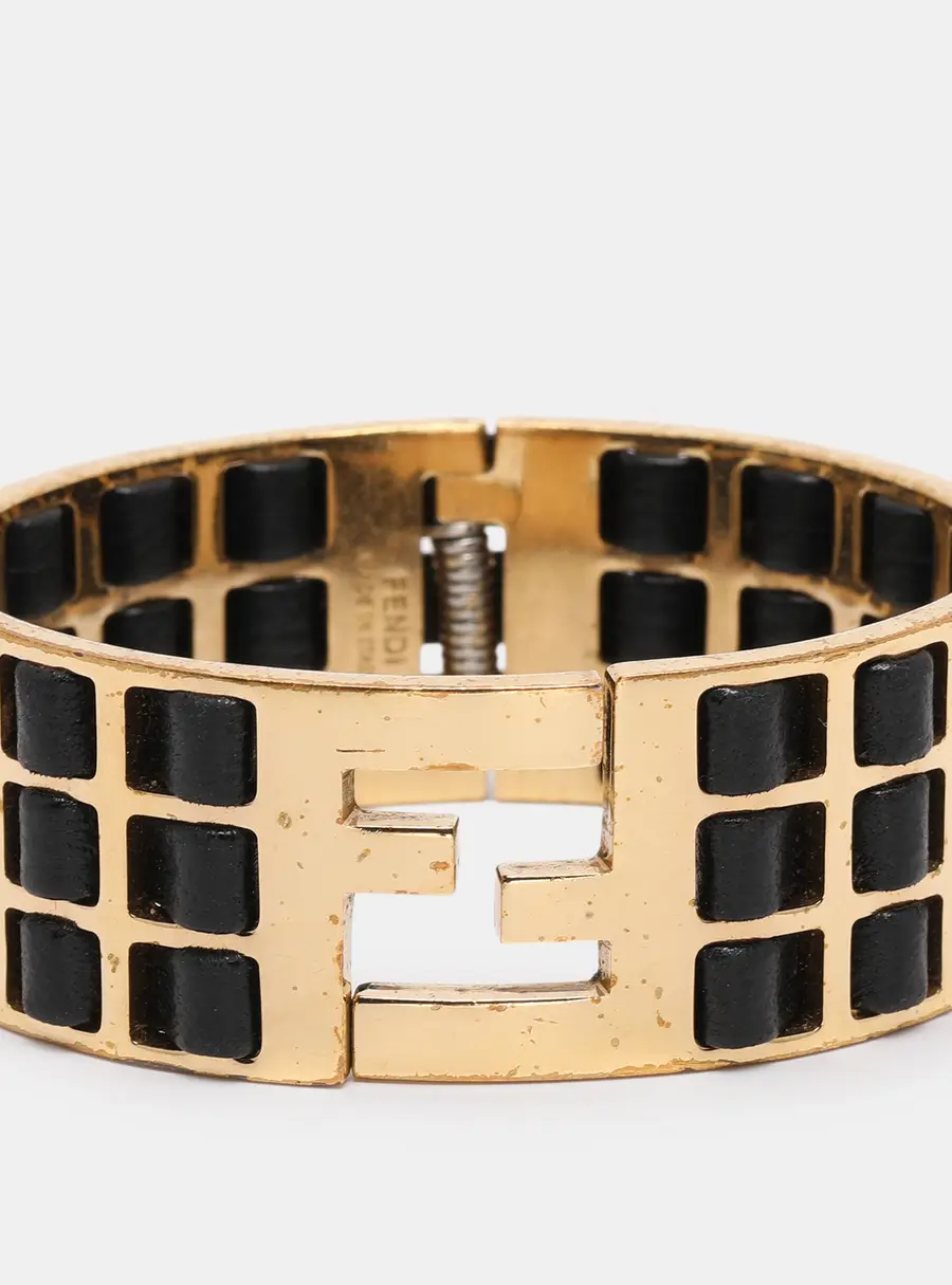 Fendi FF Gold Tone Metal and Black Leather Detail Cuff Bracelet