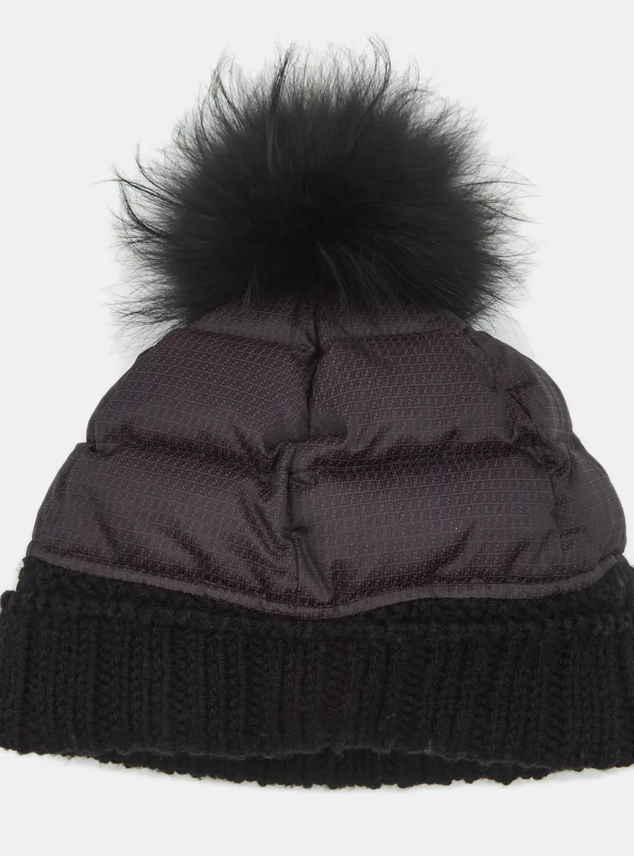 Fendi Purple/Black FF Jacquard Nylon Fur Trim Beanie M