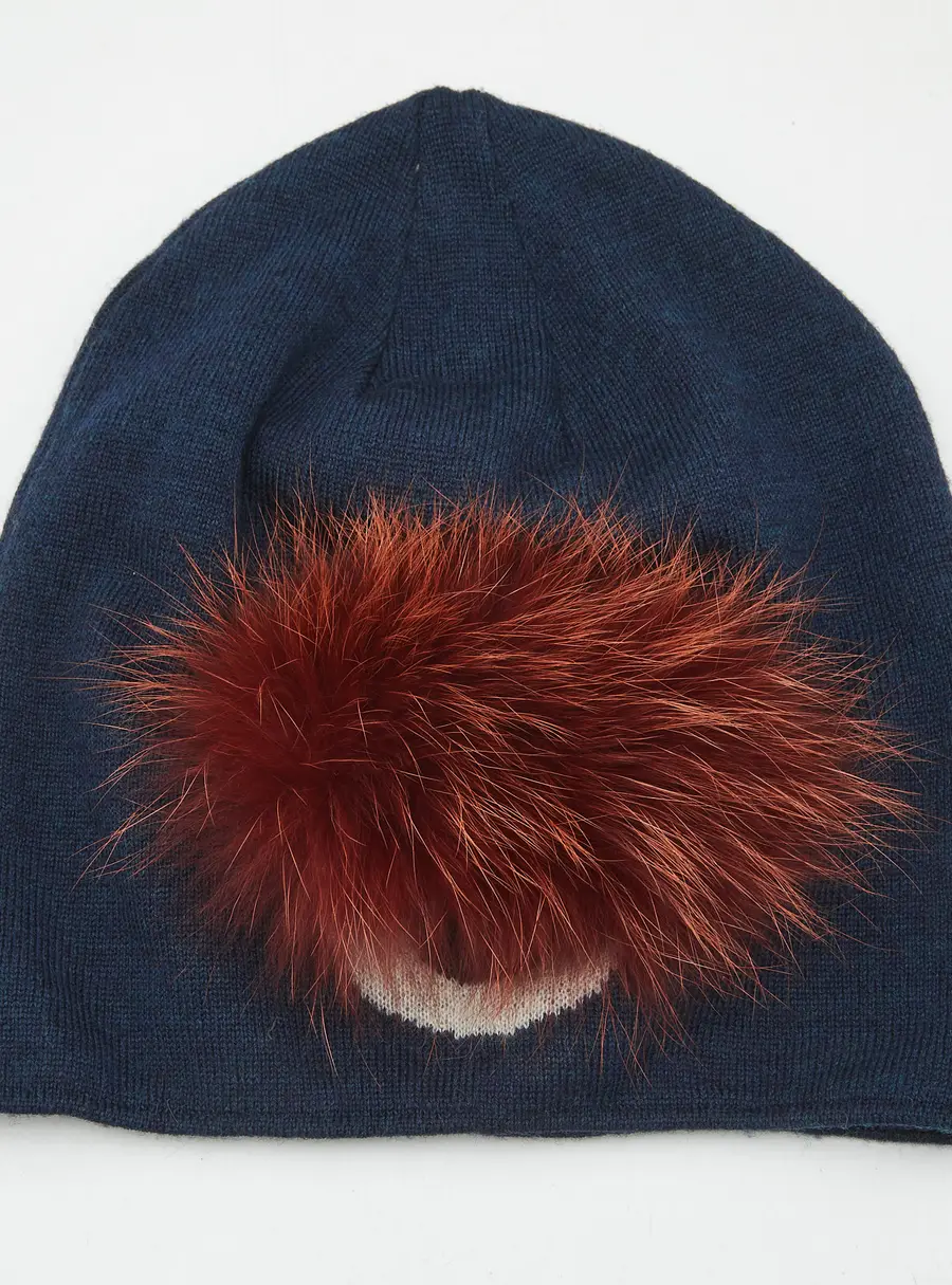 Fendi Blue Fur Trim Wool Knit Beanie