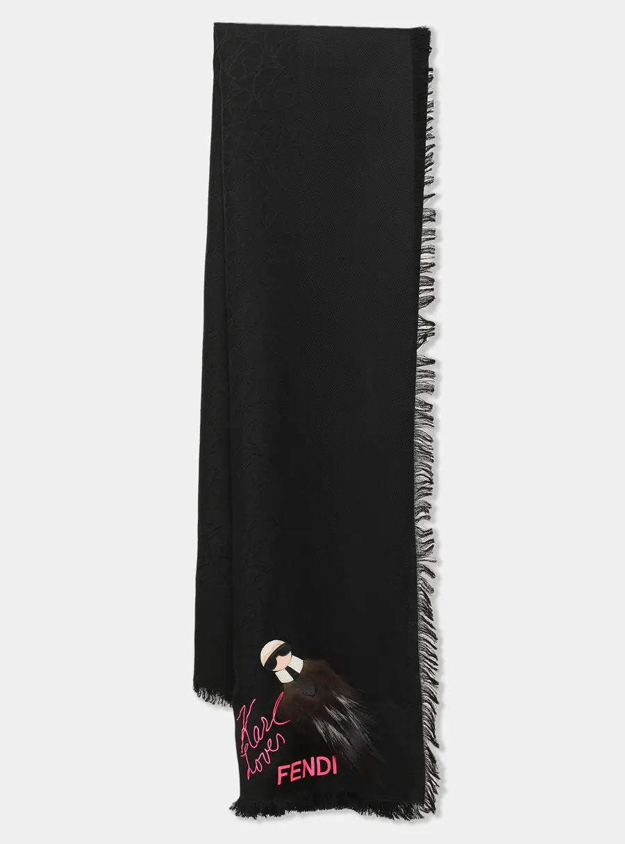 Fendi Black Wool/Silk and Silver Fox Fur Karl Love Fendi Scarf