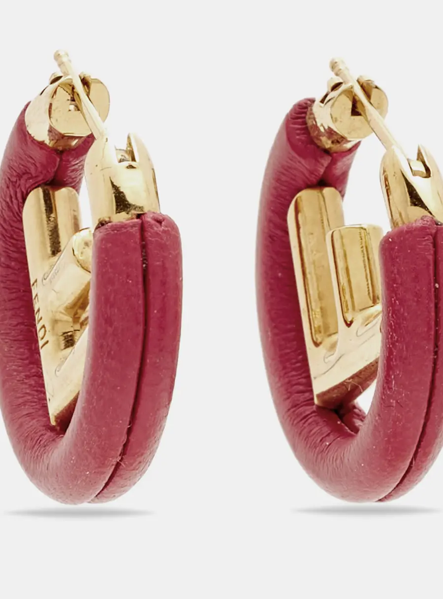 Fendi F Is Fendi Leather Gold Tone Hoop Earrings