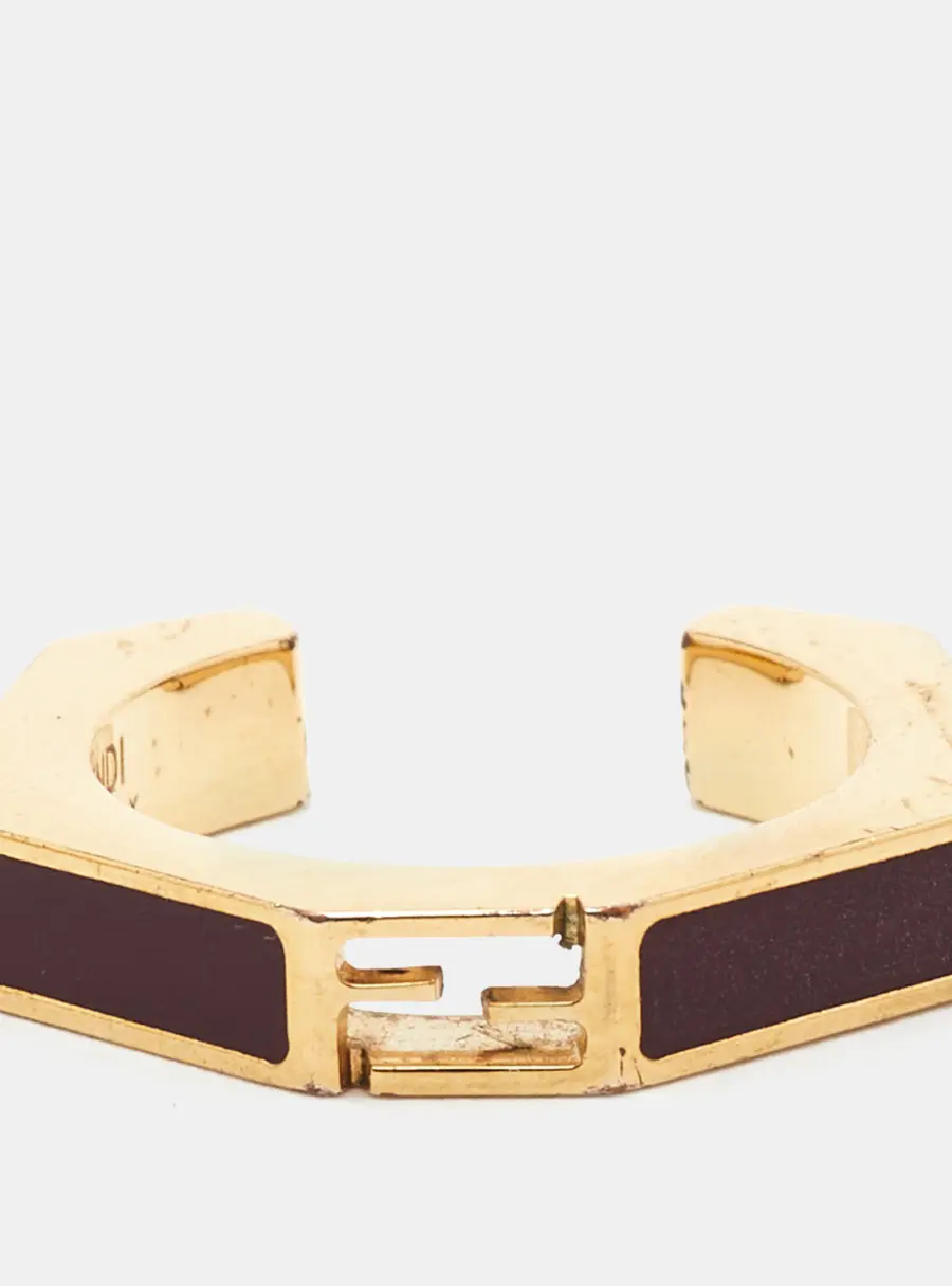 Fendi FF Baugette Enamel Gold Tone Ring Size 51