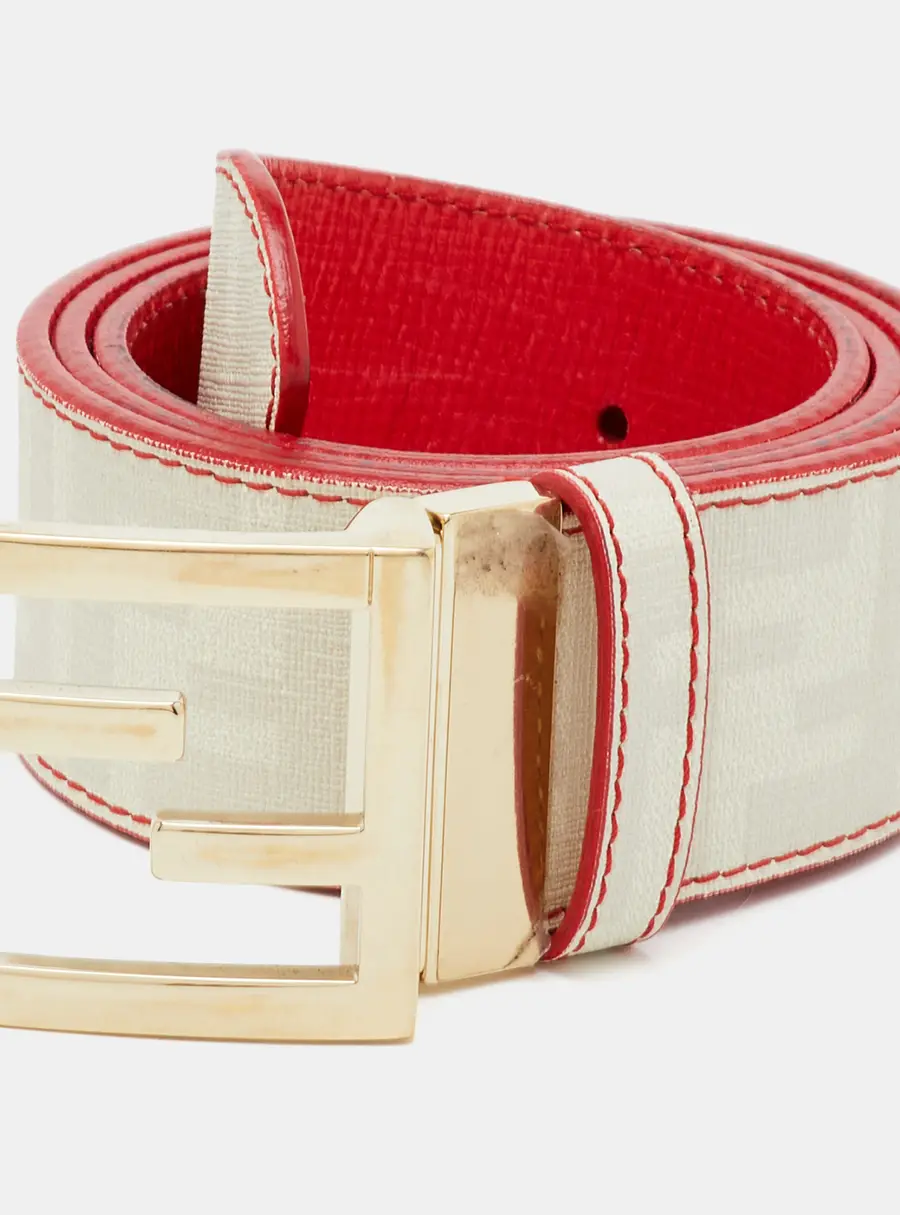 Fendi  FF Logo Reversible 95 CM Buckle Belt Off White/Red  Zucca Coated Canvas