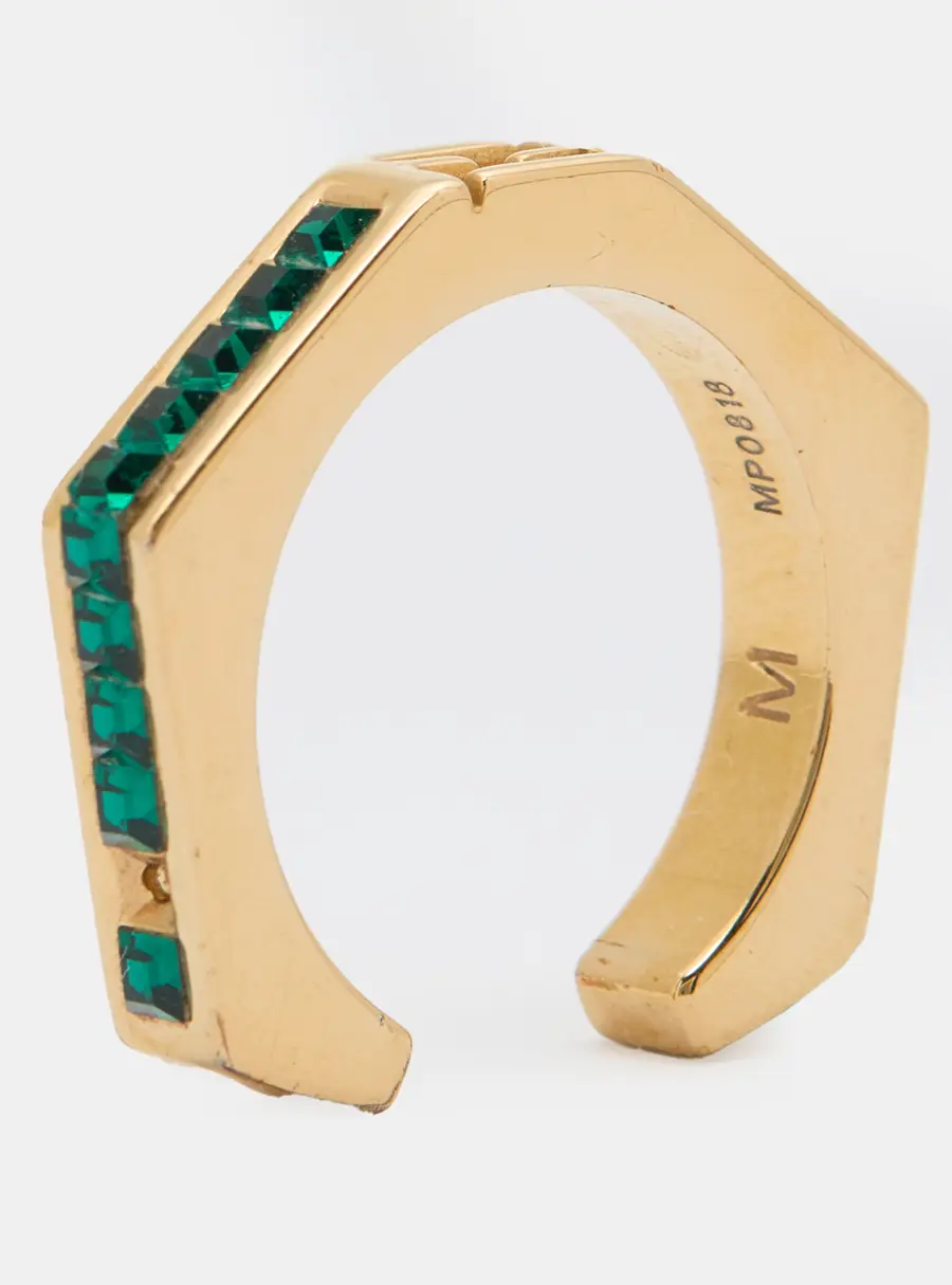 Fendi Gold Tone & Green Crystal Studded Baguette Ring Size 54
