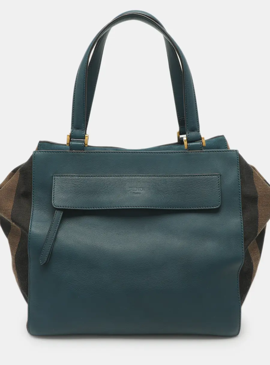 Fendi Blue/Brown Pequin Canvas and Leather Satchel