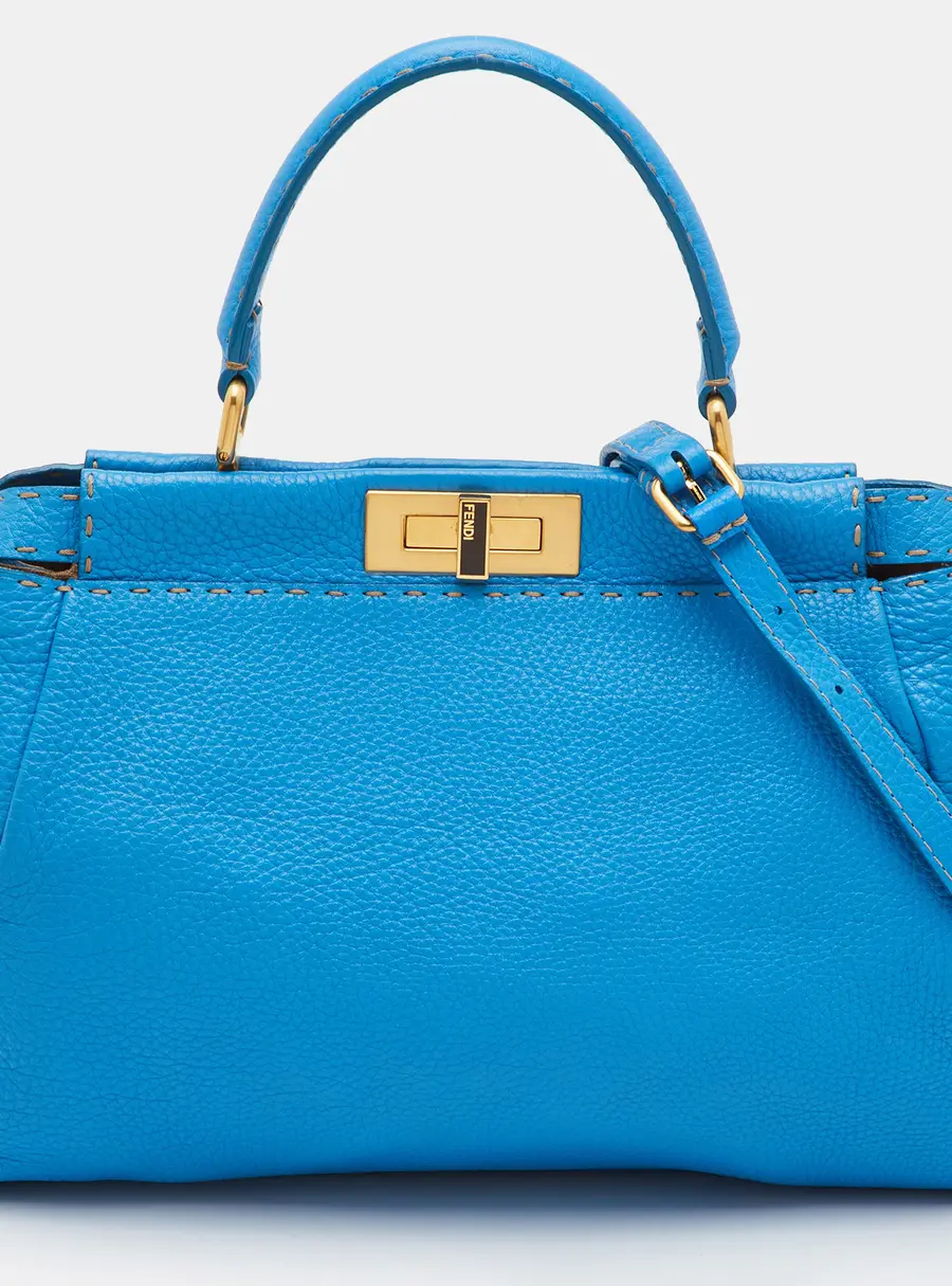 Fendi Peekaboo Selleria Medium Blue Leather Top Handle Bag