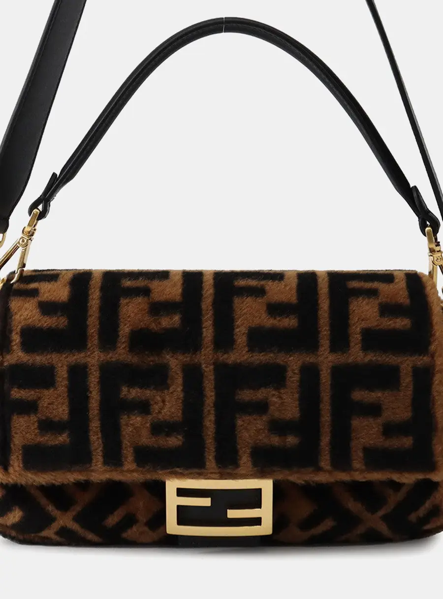 Fendi Baguette Brown Black Shearling Fur Shoulder Bag