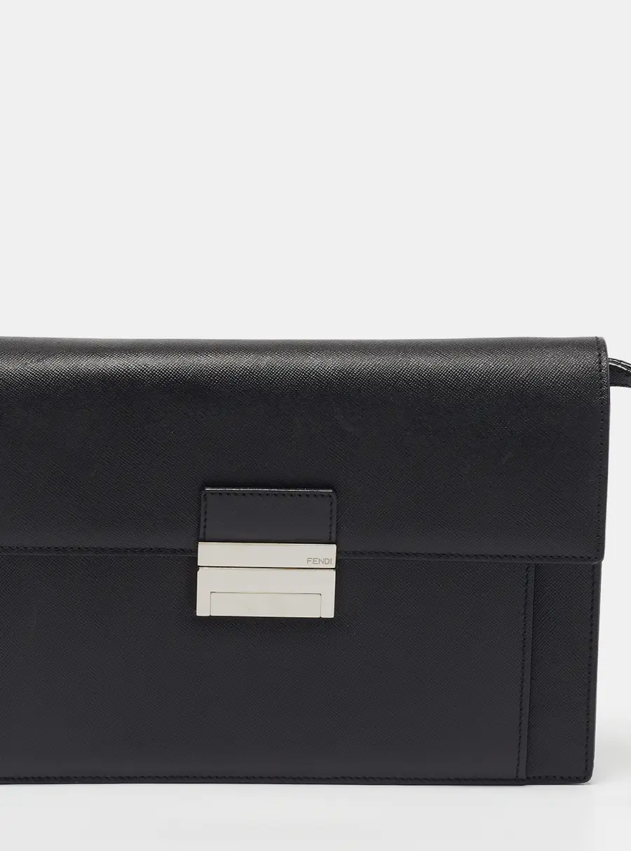 Fendi Push Lock Black Leather Wristlet Clutch