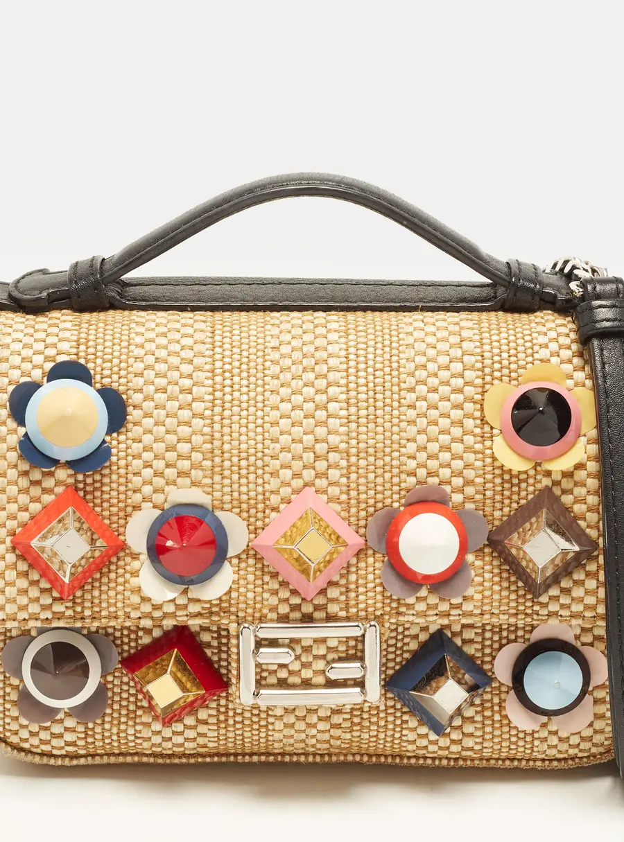 Fendi Studded Double Baguette Micro Black/ Beige Raffia and Leather Shoulder Bag